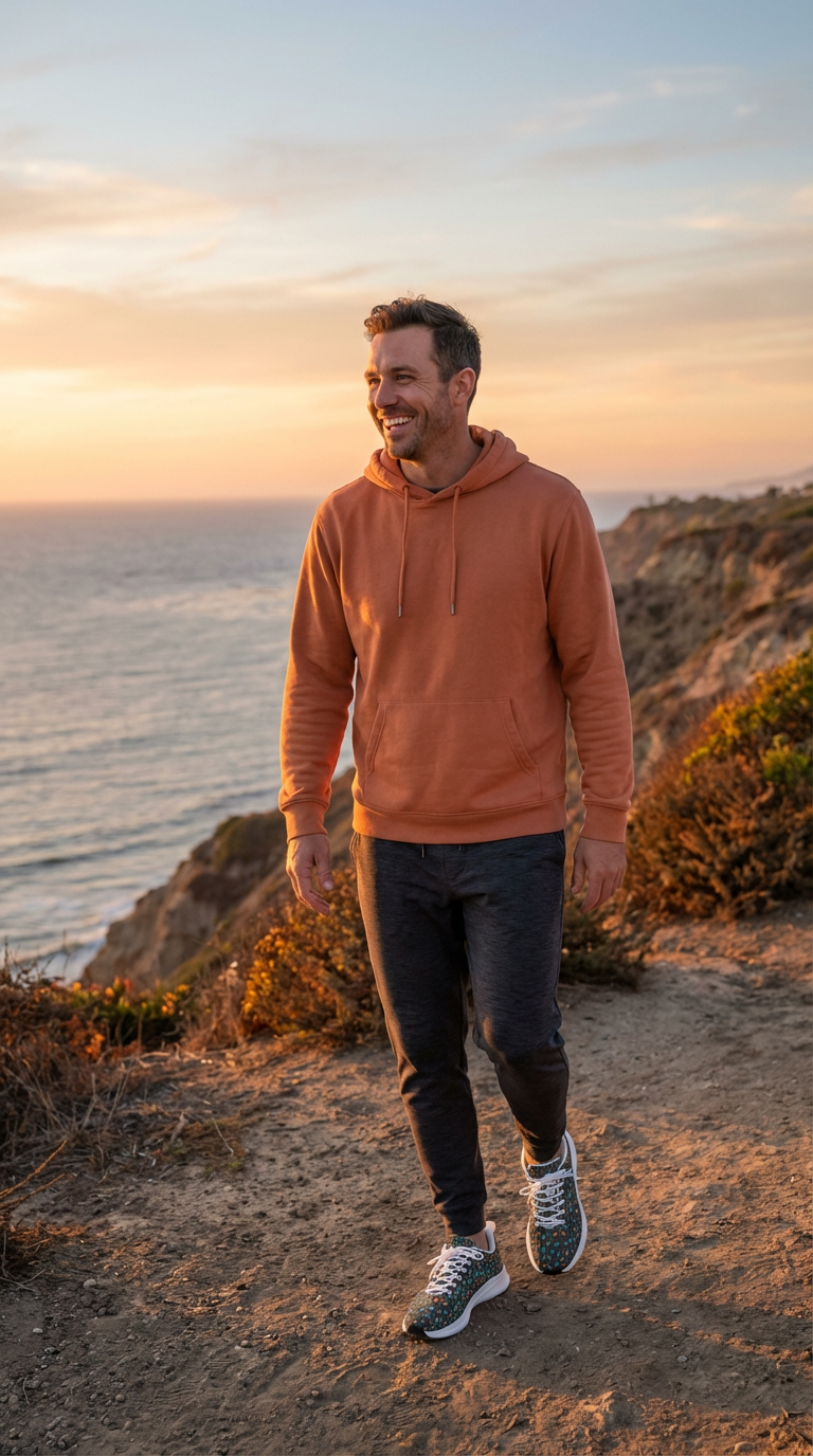 Men's iSquared Wild Leopards runners in a vibrant leopard print, paired with a rust-colored hoodie and dark joggers.