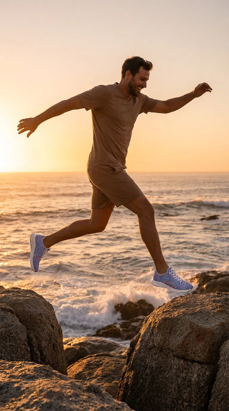 Man joyfully jumps on rocks near the ocean, wearing Wild Leopards - iSquared Men Runners with a vibrant leopard print design.