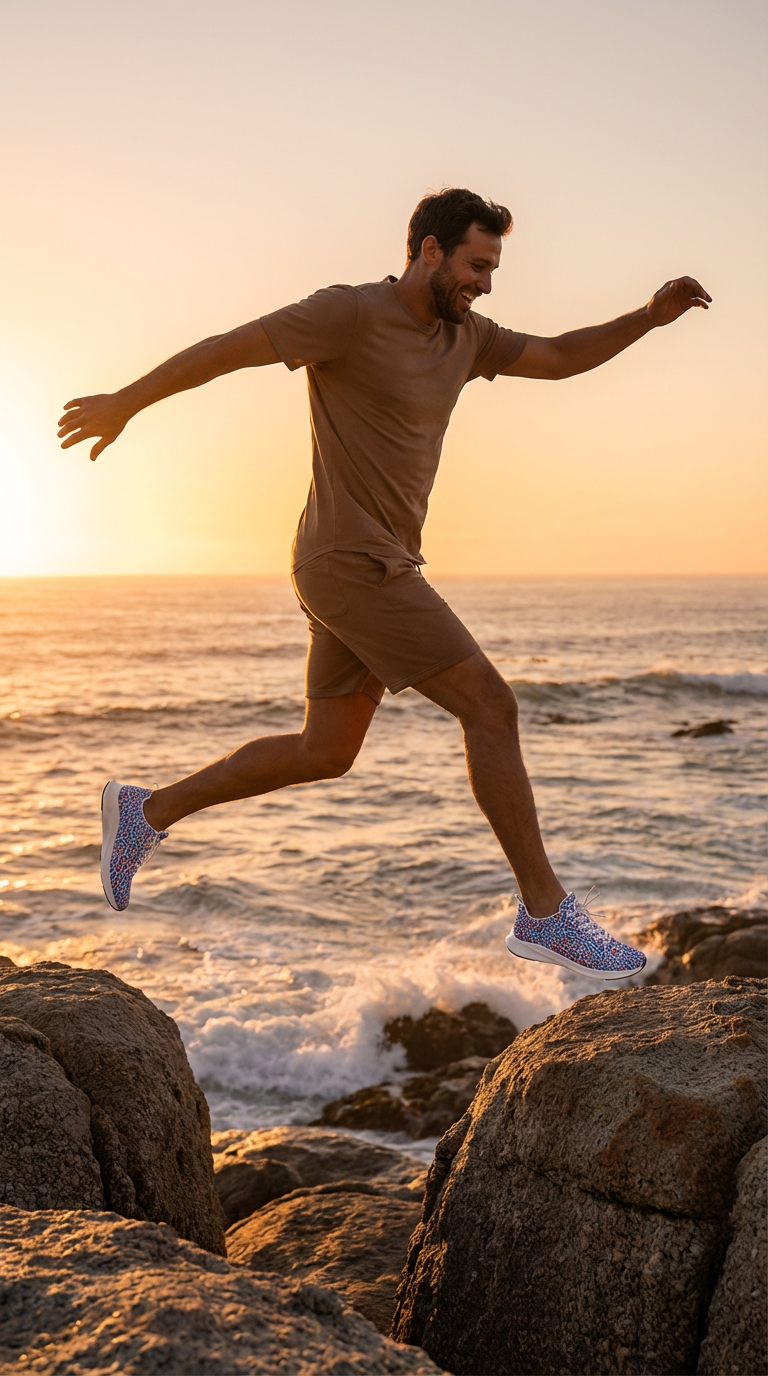 Man joyfully jumps on rocks near the ocean, wearing Wild Leopards - iSquared Men Runners with a vibrant leopard print design.