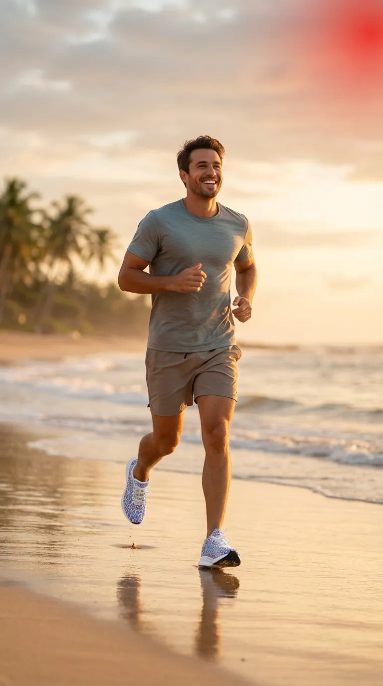 Men's runners from the Wild Leopards collection featuring colorful patterns, worn with shorts and a light t-shirt by a jogger on the beach.