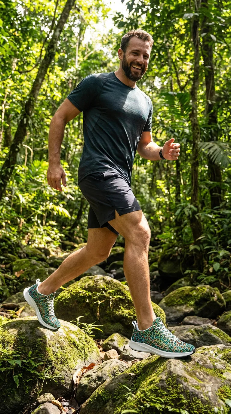 Men's Wild Leopards runners feature a vibrant green and blue leopard print. Worn with black shorts, they provide a casual look.