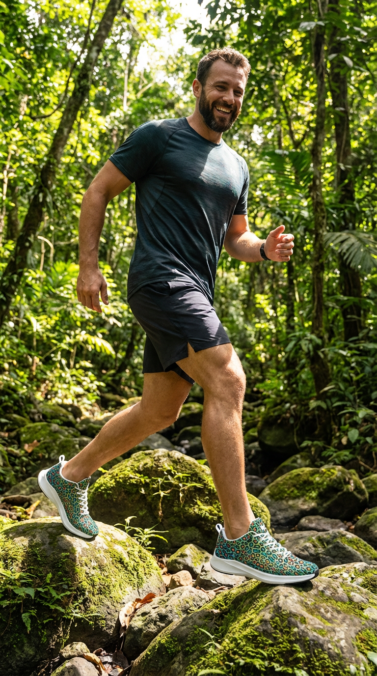 Men's Wild Leopards runners feature a vibrant green and blue leopard print. Worn with black shorts, they provide a casual look.