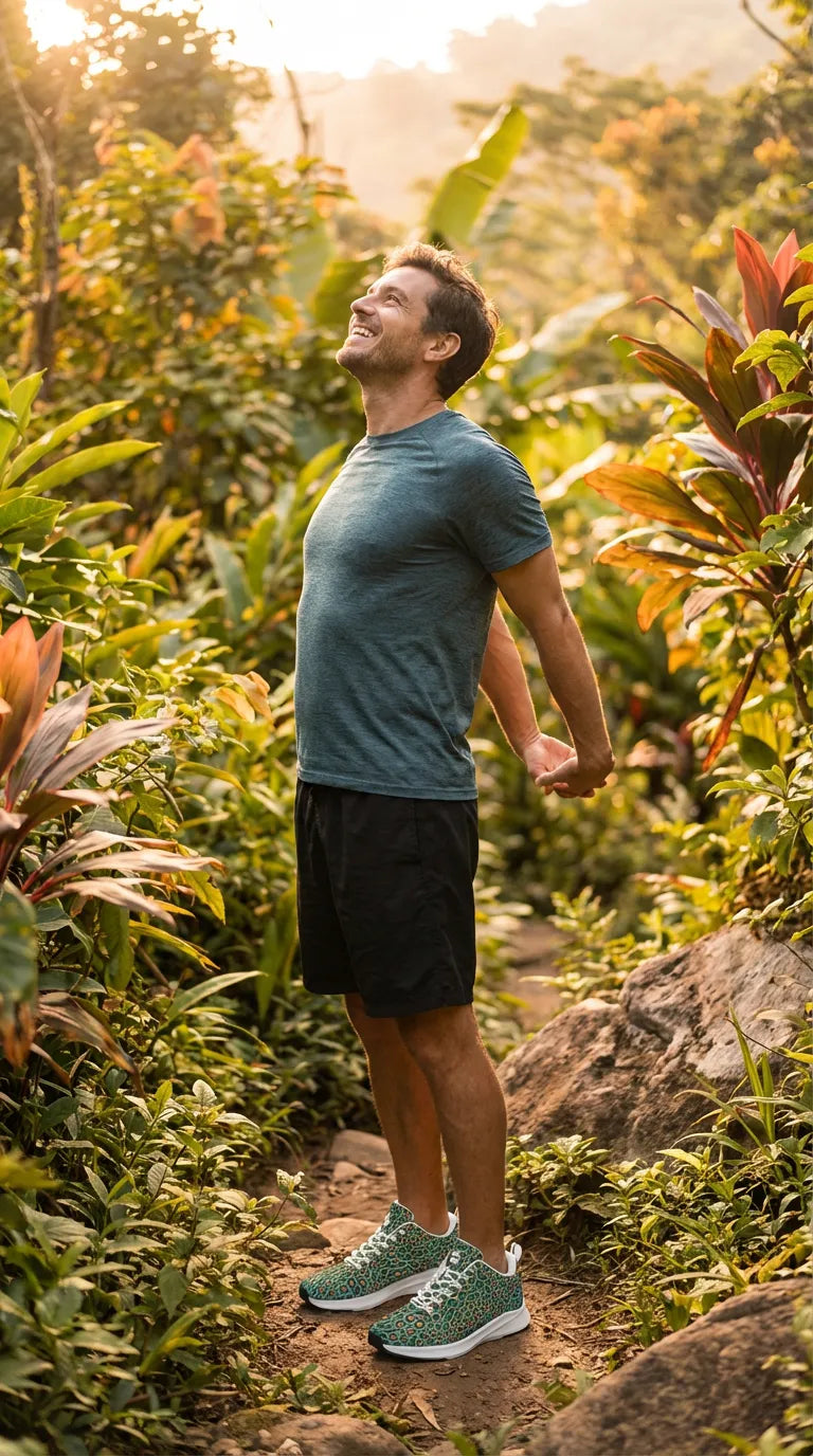 Men's runners in a green leopard print, paired with black shorts, worn casually in a lush outdoor setting.