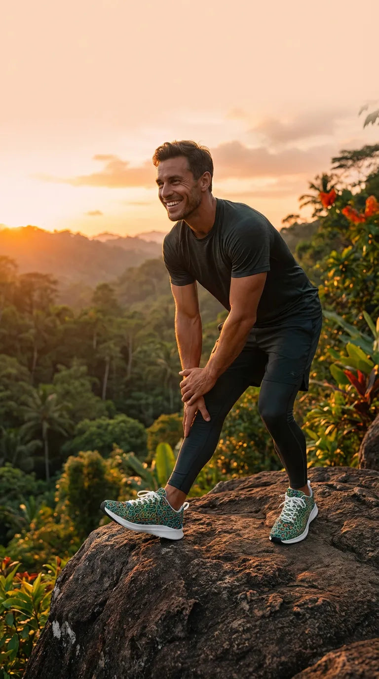 Men's iSquared Men Runners in a vibrant green leopard print, paired with black leggings, set against a sunset backdrop.