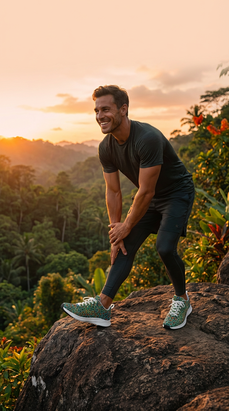 Men's iSquared Men Runners in a vibrant green leopard print, paired with black leggings, set against a sunset backdrop.