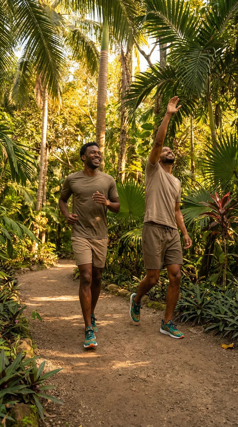 Two men are walking through a lush tropical setting, wearing tan shirts and shorts. One man is wearing the Wild Leopards iSquared Men Runners in a colorful design.