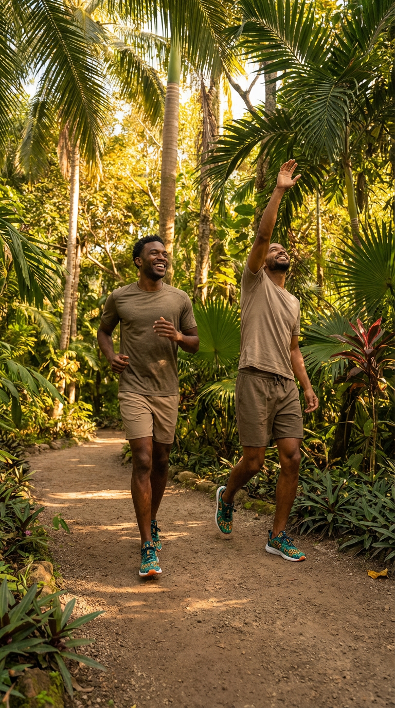 Two men are walking through a lush tropical setting, wearing tan shirts and shorts. One man is wearing the Wild Leopards iSquared Men Runners in a colorful design.