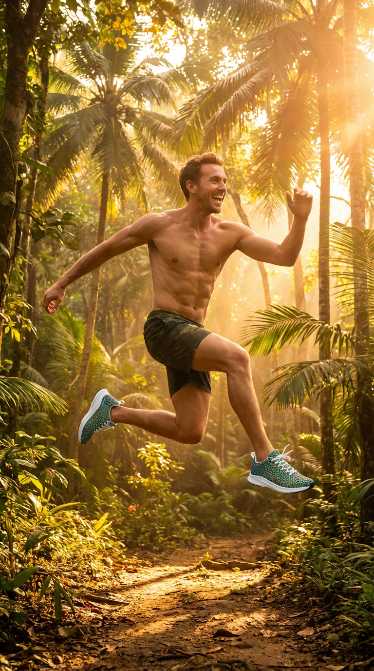 Men's iSquared Runners in colorful leopard print, worn barefoot, as the model jumps through a vibrant tropical setting.