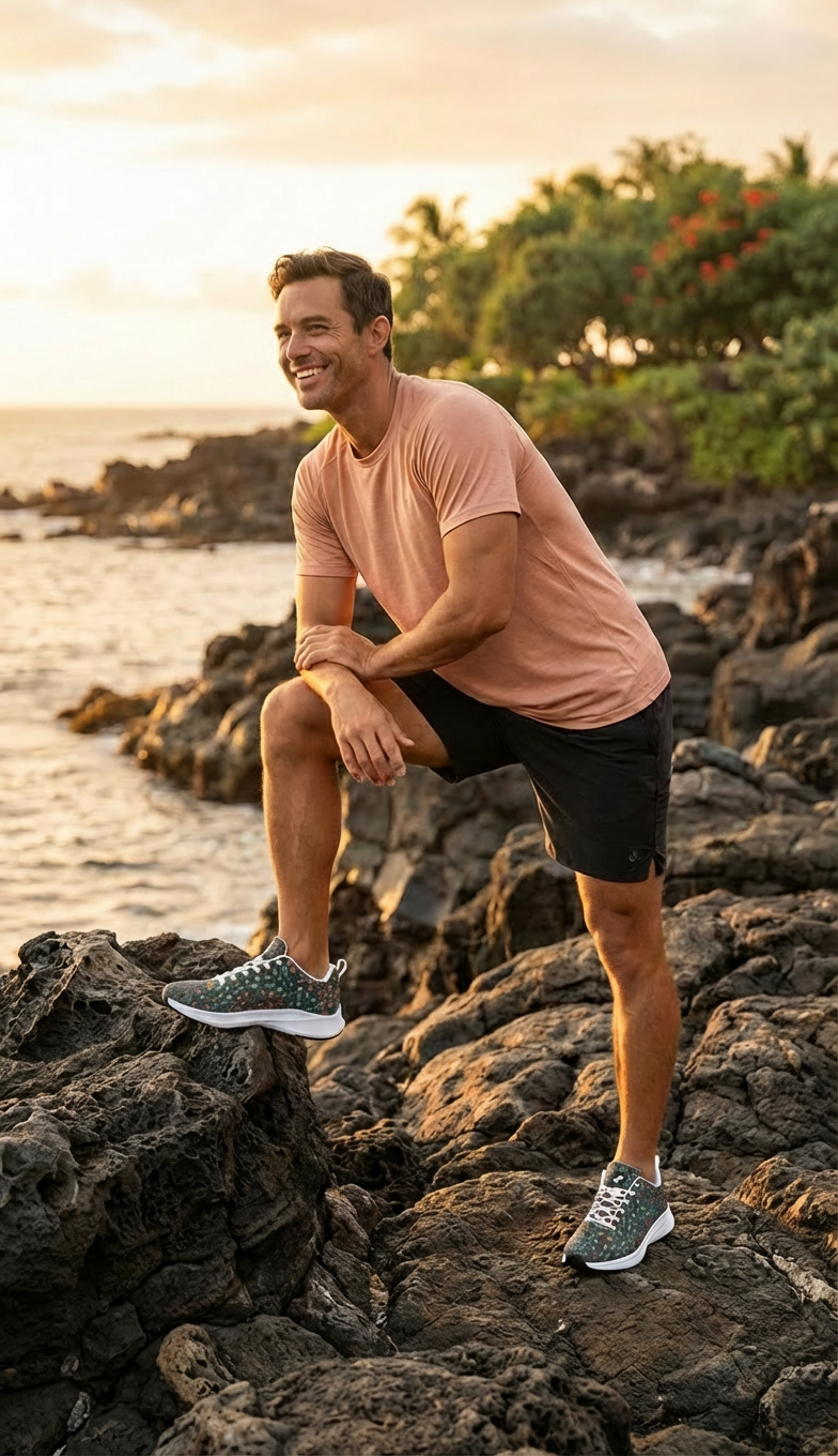 Men's Wild Leopards runners feature a vibrant multi-color design with green, orange, and white accents, worn with black shorts.