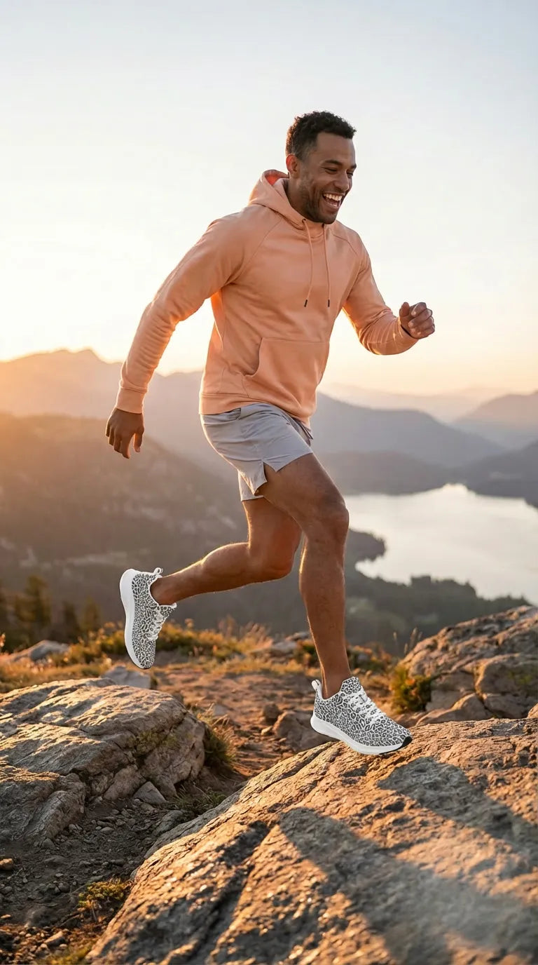 Men's runners in a wild leopard print, paired with a peach hoodie and gray shorts, running on rocky terrain at sunset.