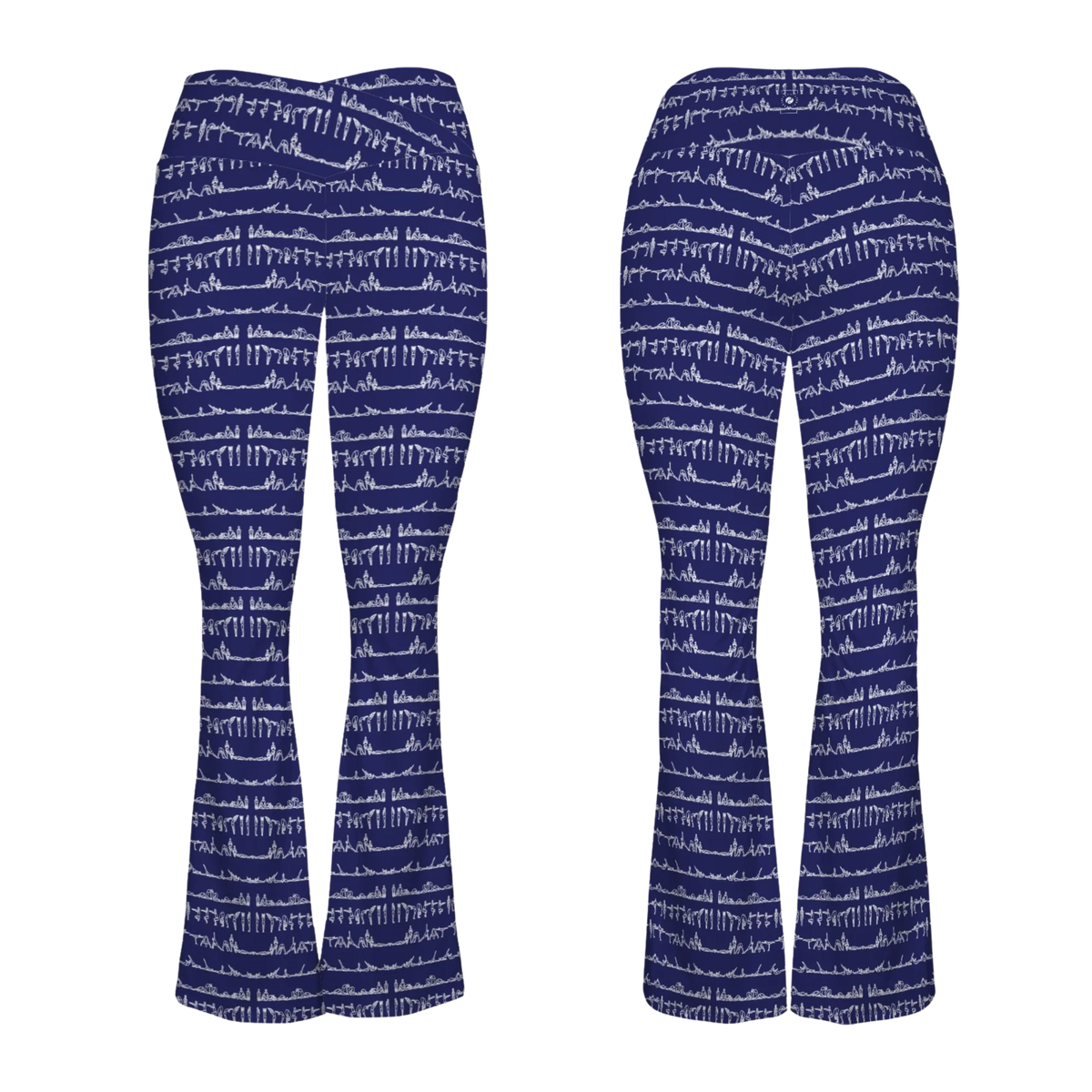 Navy leggings with a white abstract pattern, featuring a cross-waisted design and a flared leg silhouette.