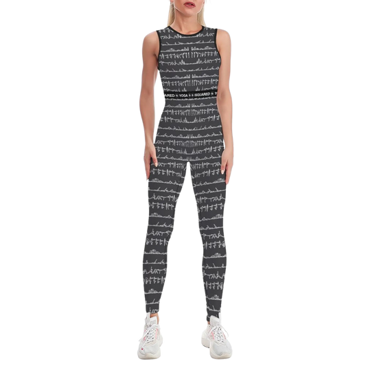 Sleeveless black jumpsuit with a stylish pattern of white yoga poses, fitted design, worn with white athletic shoes.