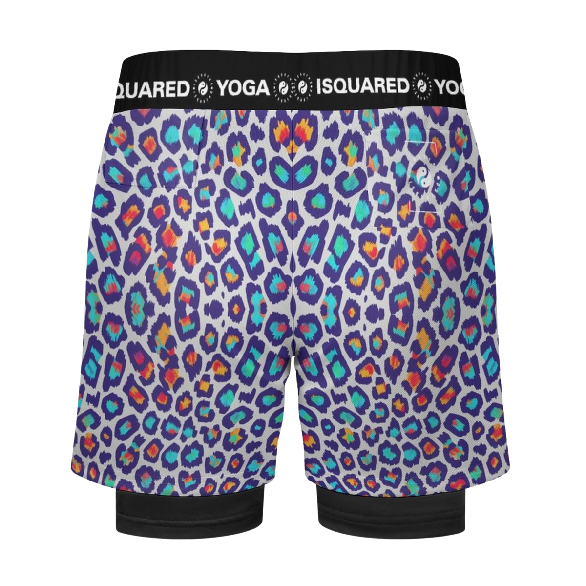Compression yoga shorts in a vibrant wild leopard print, featuring purple, blue, and orange spots. Elastic waistband included.