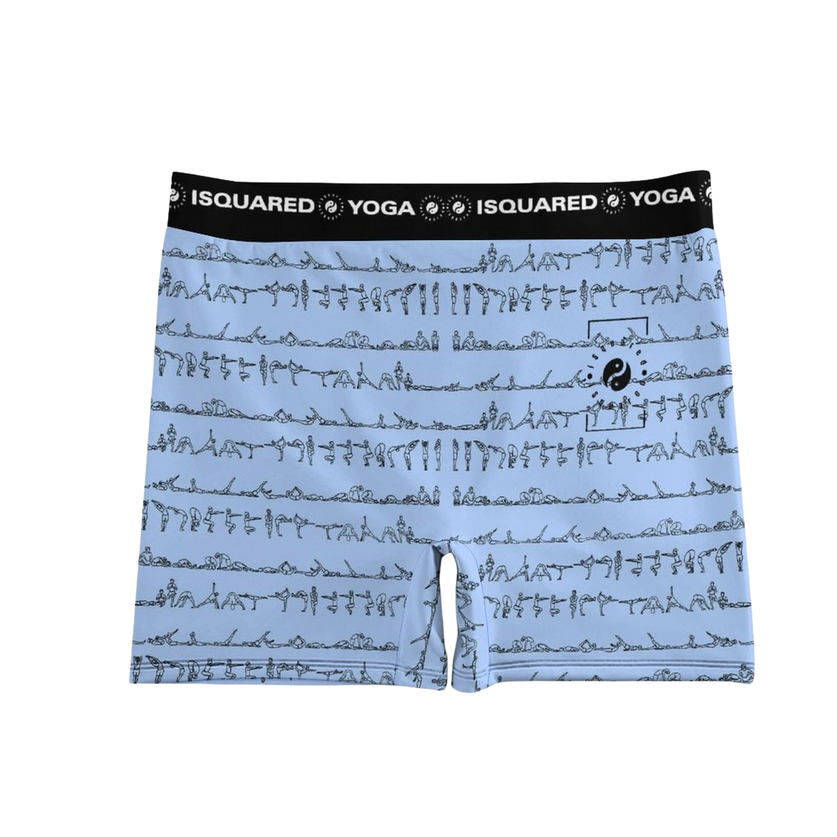 Light blue yoga shorts featuring a pattern of yoga poses in black outlines, with a wide black waistband that reads "iSquared Yoga.