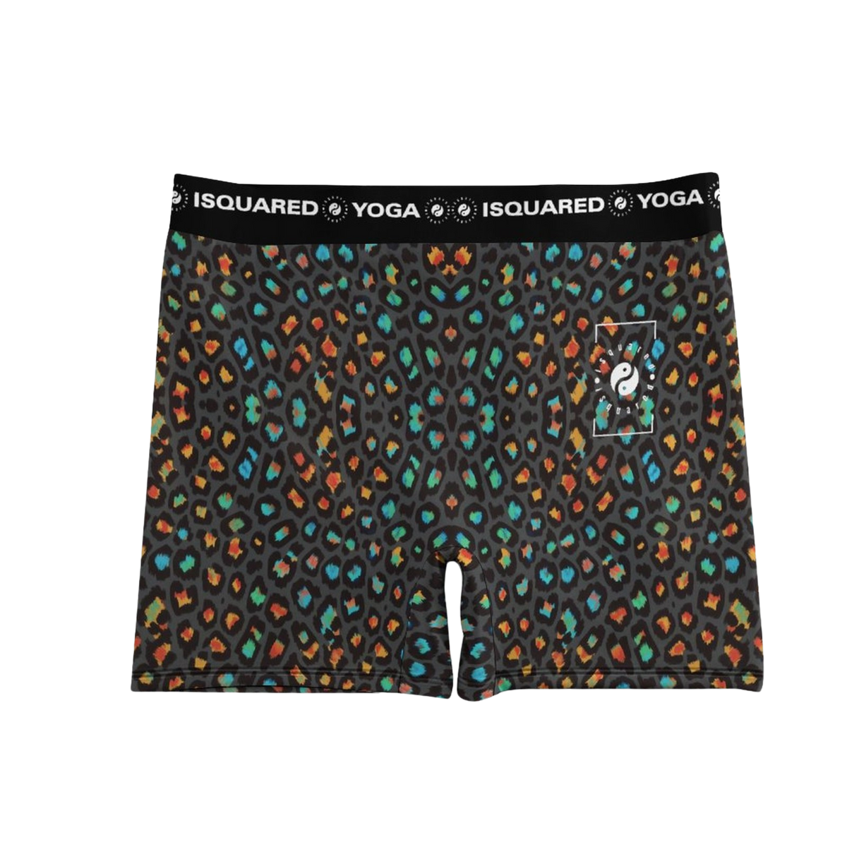 Black yoga shorts featuring a vibrant Wild Leopards print in orange, turquoise, and red, with a wide elastic waistband.