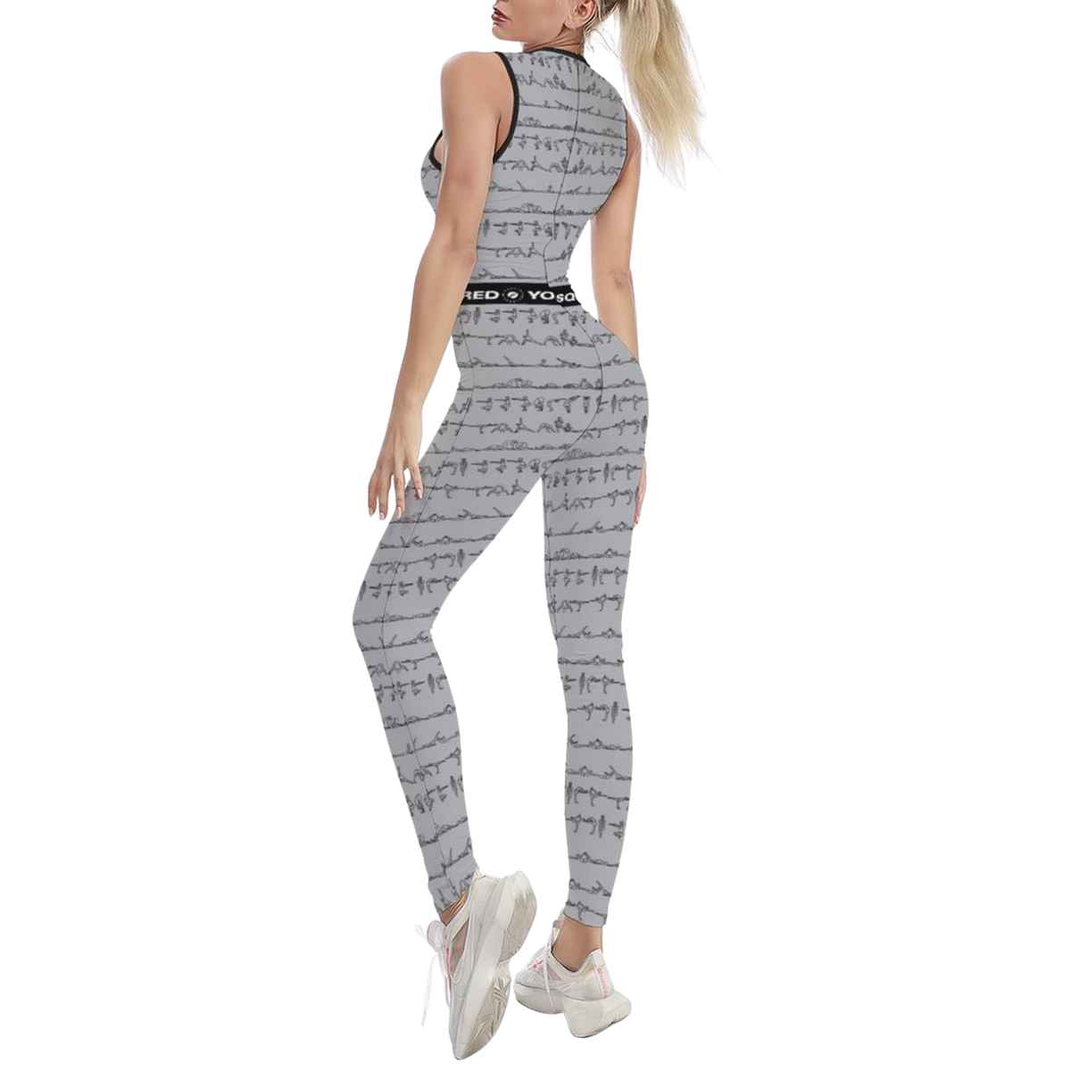 Sleeveless grey jumpsuit with a subtle pattern, fitted design, shown worn with white sneakers.