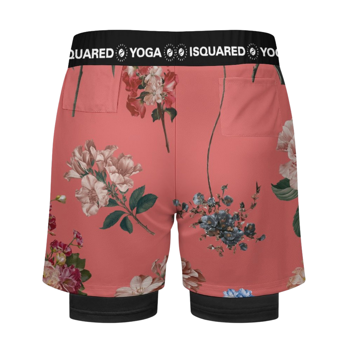 Compression yoga shorts in vibrant coral adorned with floral patterns. Features an elastic waistband and side pockets.