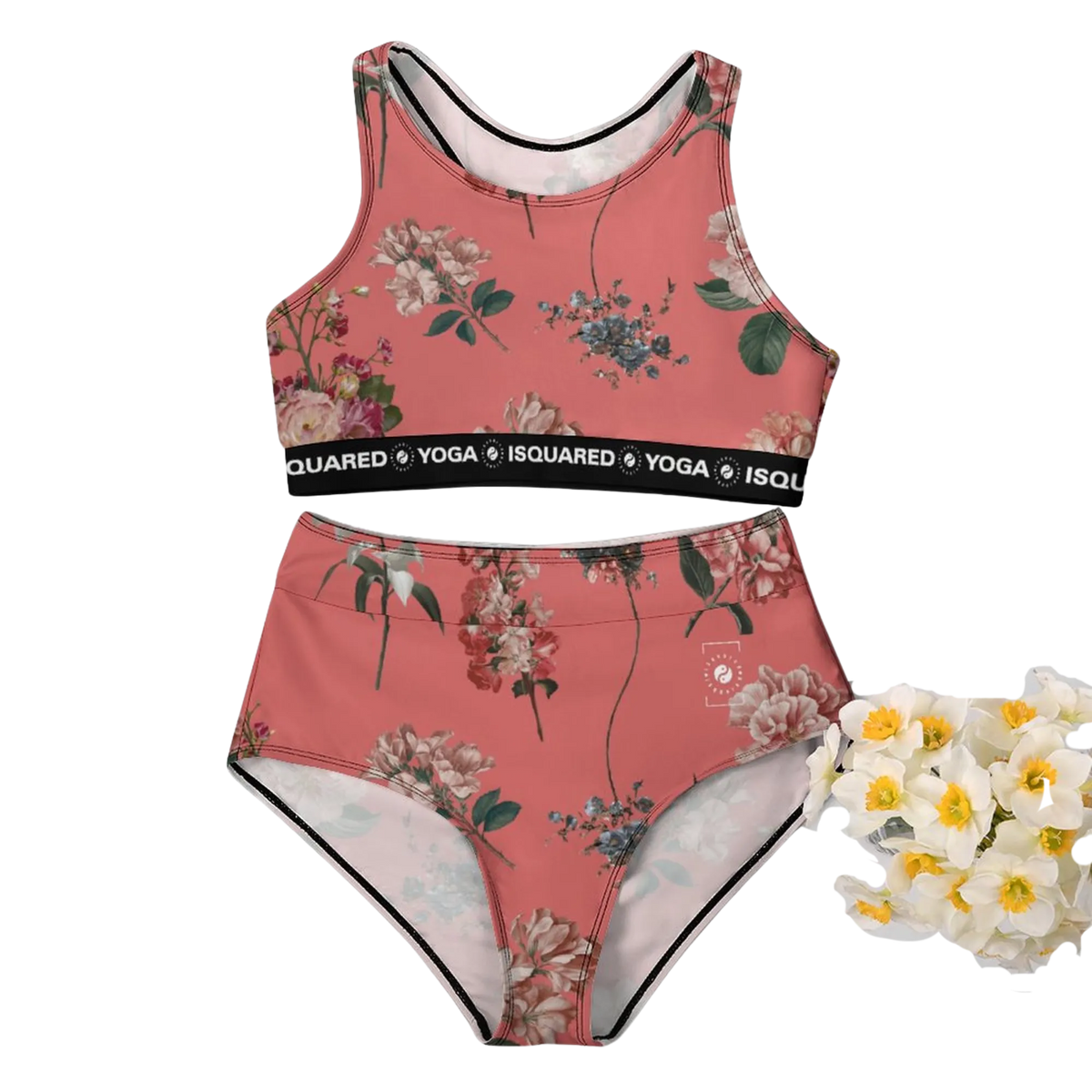 Floral hot yoga bikini set featuring a pink base, crop top with a logo waistband, and high-waisted matching bottoms.