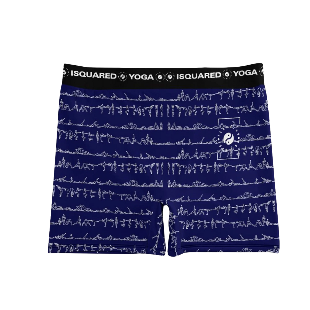 Unisex Bikram Ember yoga shorts in a deep navy with white printed yoga poses and a wide elastic waistband.