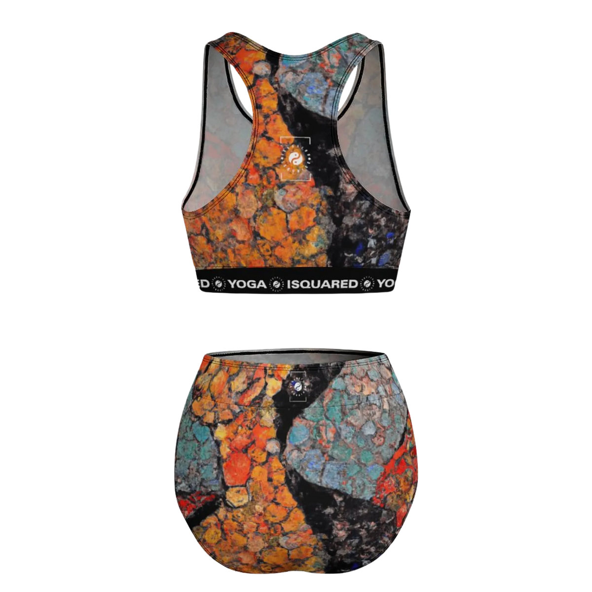Hot Yoga Bikini Set featuring a vibrant all-over print of orange, black, and blue, with a supportive design and thick waistband.