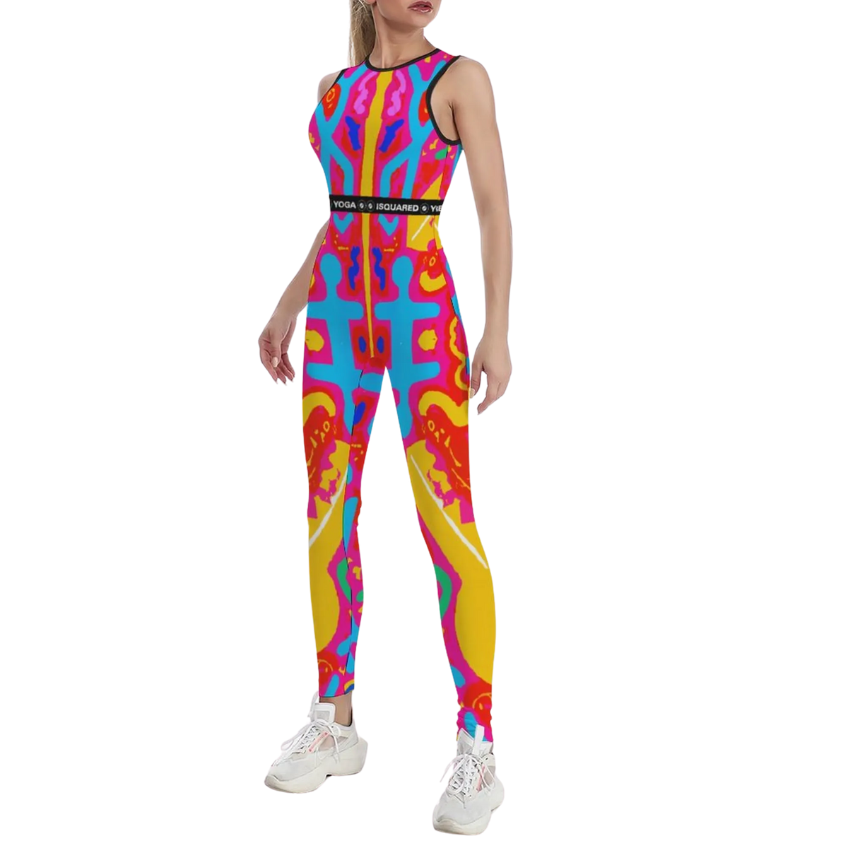 Colorful sleeveless jumpsuit featuring a vibrant abstract design, fitted silhouette, and a banded waist, styled with sneakers.