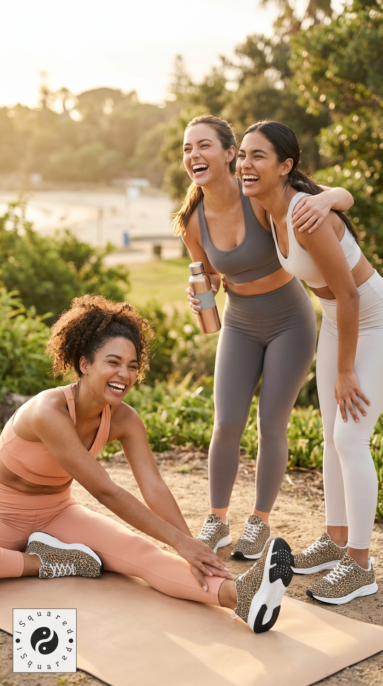 Three women enjoying a laugh outdoors, wearing iSquared Women Runners with a wild leopard print. The woman in pink stretches.