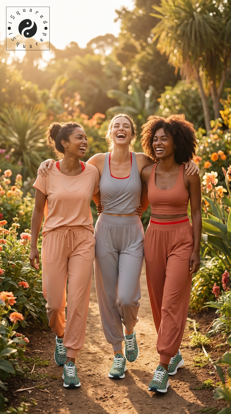 Three women are laughing together outdoors, wearing casual activewear including a light peach top and pants, a grey crop top and matching pants, and a burnt orange top with high-waisted pants. Each woman is sporting colorful Wild Leopards iSquared Women Runners shoes with vibrant prints.