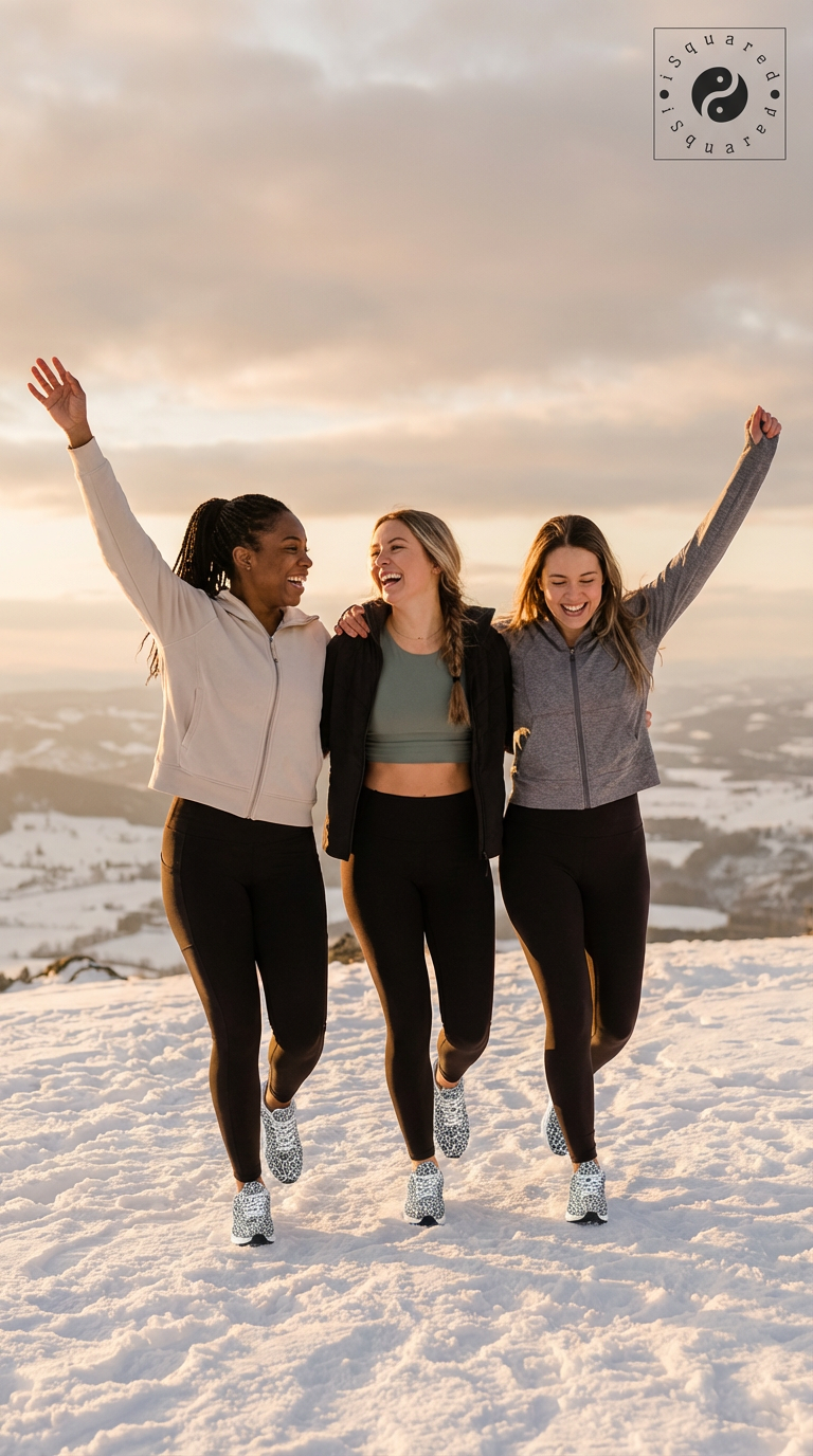Three women are joyfully walking in the snow, wearing black leggings and trendy Wild Leopards iSquared Women Runners.