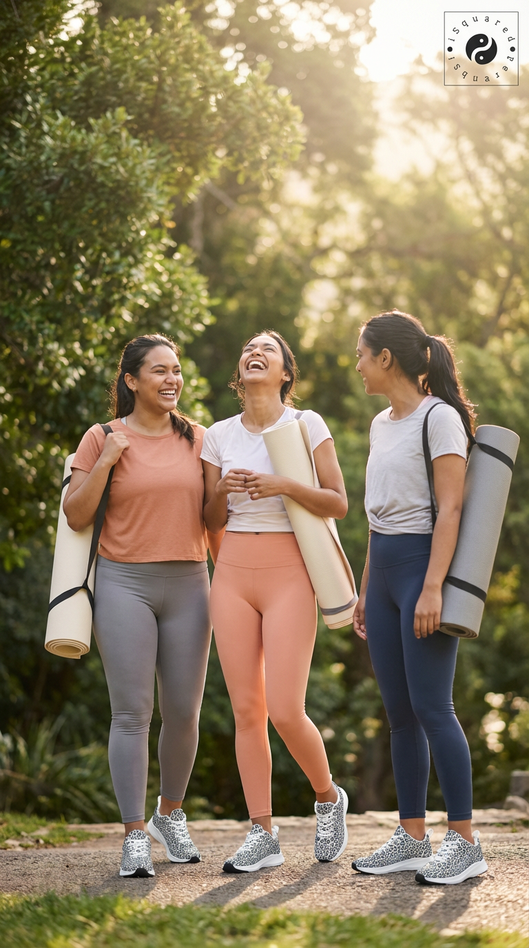 Three women are laughing together outdoors, each wearing iSquared Women Runners in a wild leopard print. They hold yoga mats and sport leggings in various pastel shades.