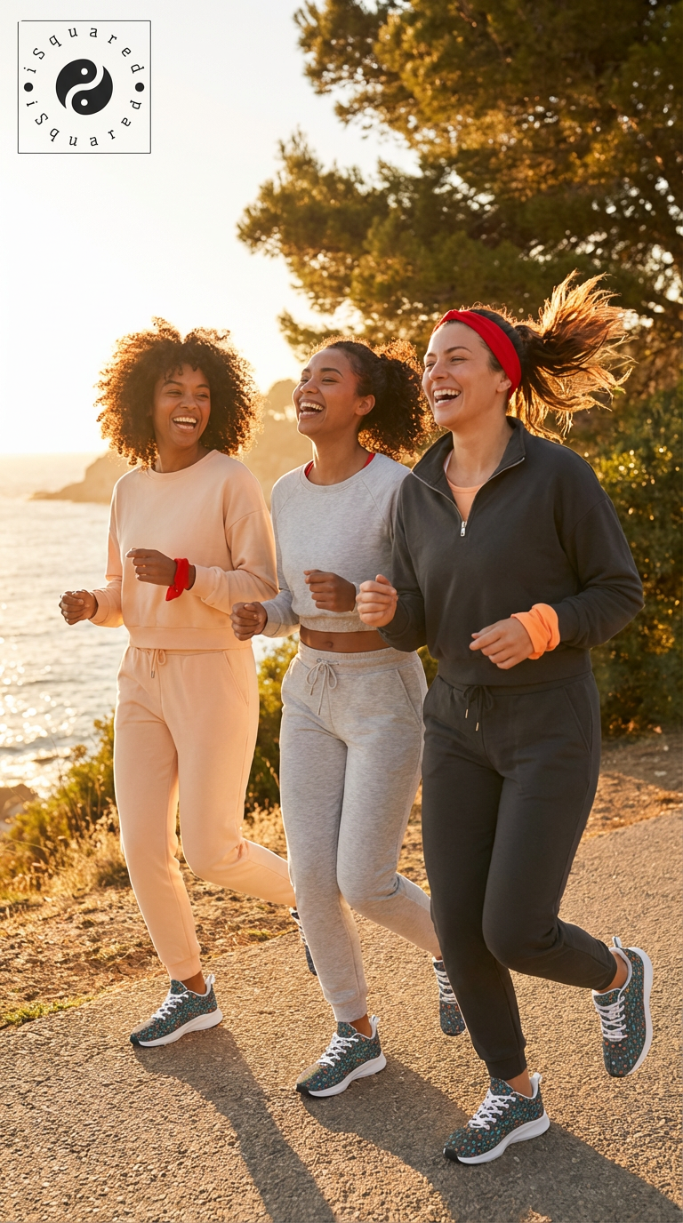 Three women jog together outdoors, wearing iSquared Women Runners in a vibrant leopard print, paired with casual athletic wear.