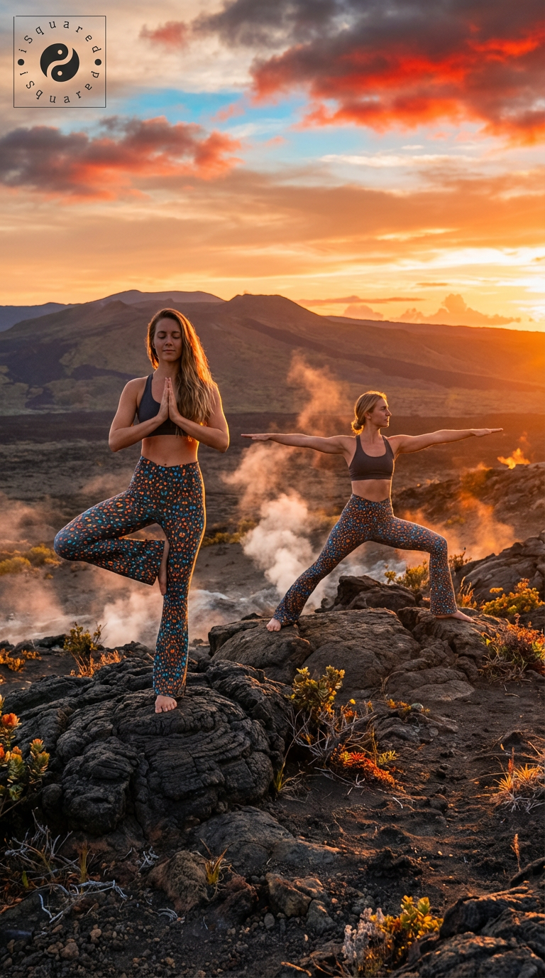 Cross waisted flare leggings in vibrant leopard print worn by models practicing yoga outdoors at sunset.