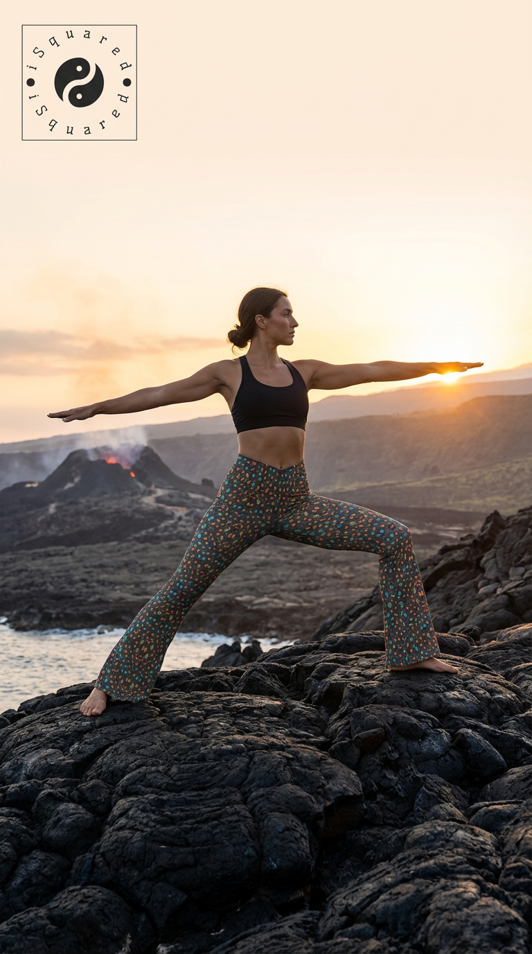 Flair leggings with a colorful leopard print, featuring a cross-waist design, worn by a model striking a yoga pose.