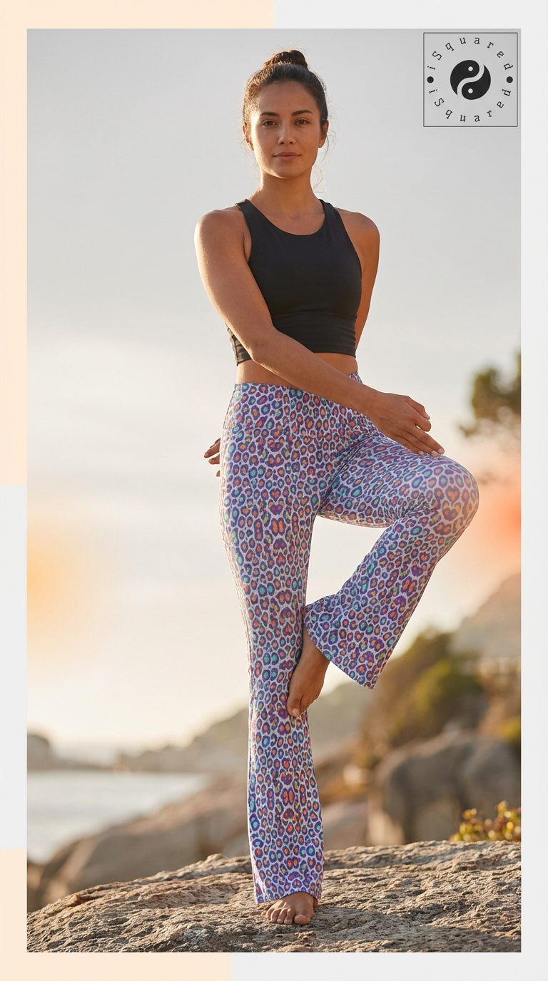 Cross-waisted flare leggings in vibrant leopard print with purple, blue, and orange hues, styled with a black crop top.