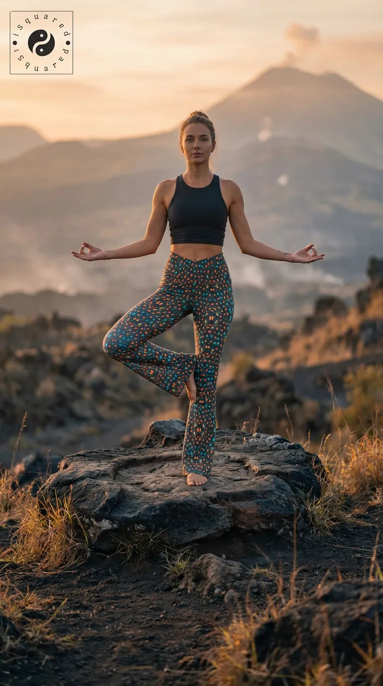 Cross-waisted flair leggings in a colorful leopard print, worn by a model performing a yoga pose outdoors.