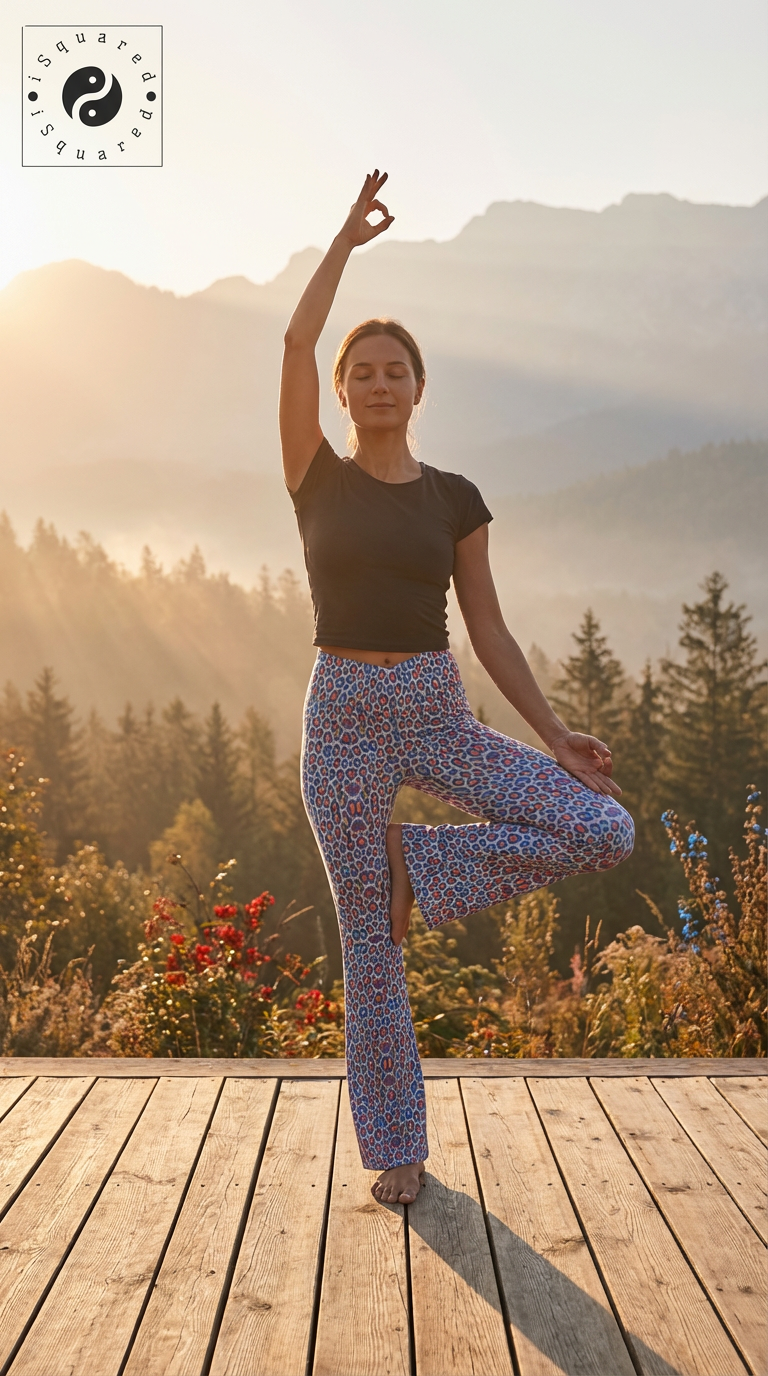 Cross waisted flair leggings in vibrant pink and blue leopard print, styled with a black fitted top, worn during a yoga pose.