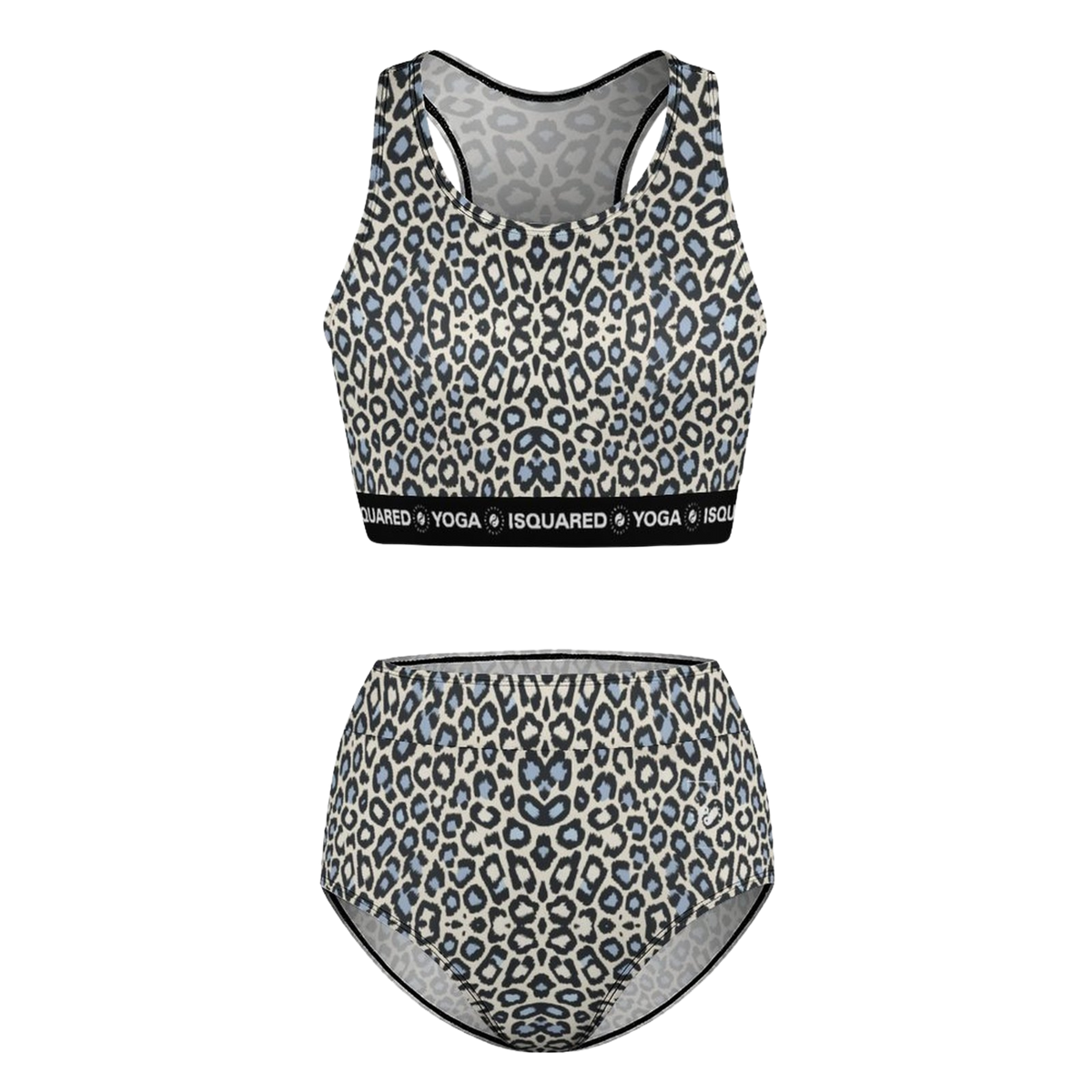 Hot Yoga Bikini Set in leopard print featuring blue accents, styled with a matching high-waist bottom and supportive band.