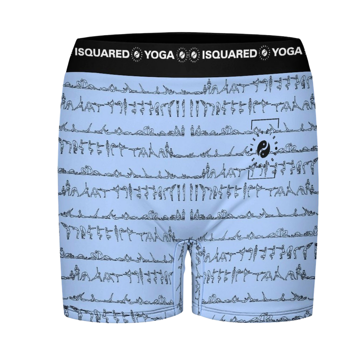 Light blue yoga shorts with black waistband featuring graphic prints of yoga poses. Suitable for all body types.