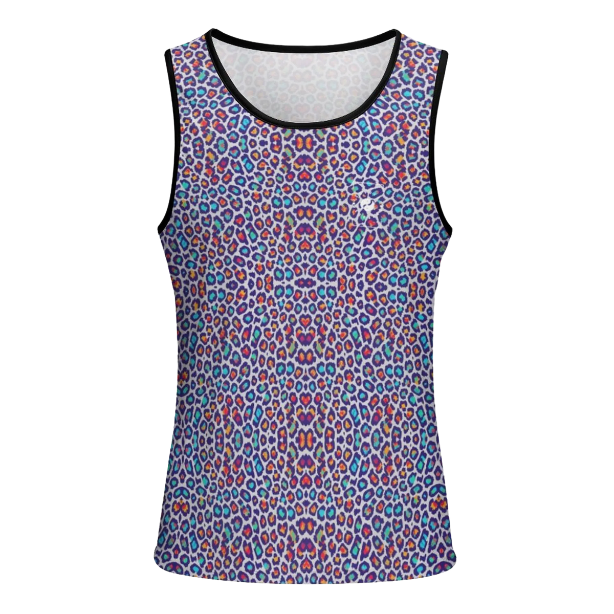 Colorful tank top featuring a vibrant leopard print in purples, blues, and oranges, with a sleeveless design and black trim.