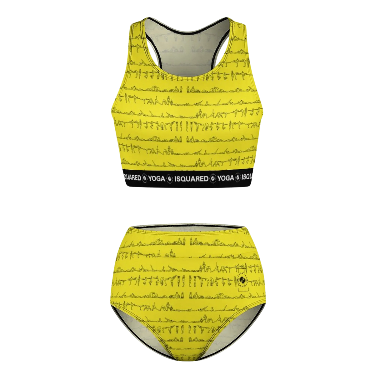 Bikram Series hot yoga bikini set in vibrant yellow featuring a yoga posture pattern and supportive black waistband.