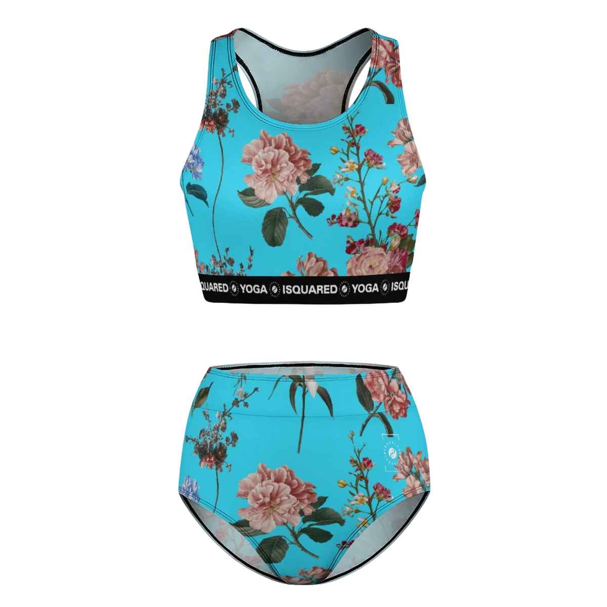 Botanicals Hot Yoga Bikini Set featuring a vibrant turquoise base with floral patterns in pink and green, complete with a black logo band.