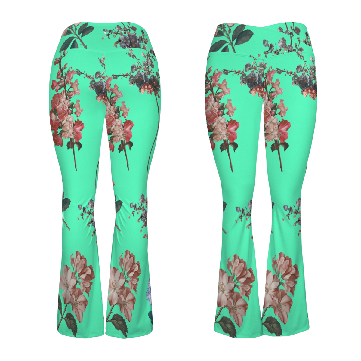 Cross waisted flare leggings in vibrant turquoise with floral print, showcasing a stylish, snug fit and wide flared legs.