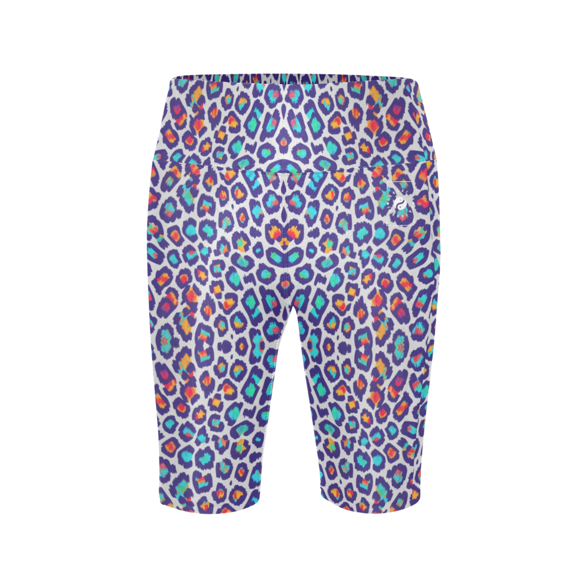 High-waisted biker shorts in a colorful leopard print featuring purple, turquoise, and orange. Ideal for activewear.