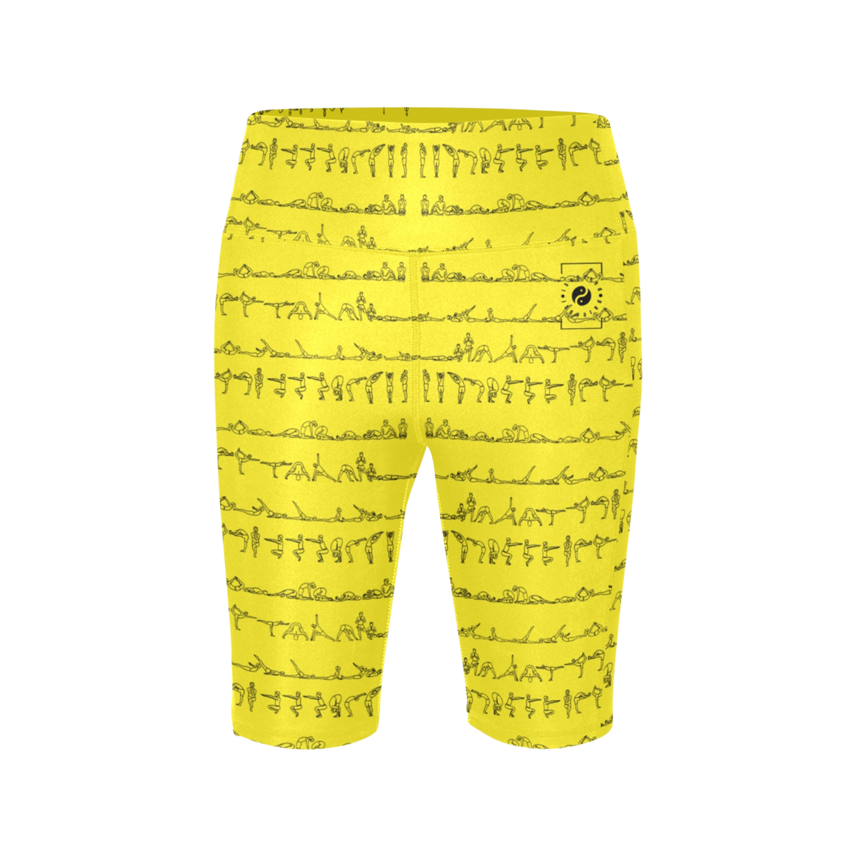 High-waisted biker shorts in bright yellow featuring black yoga pose prints, mid-thigh length, with a smooth silhouette and no visible pockets.
