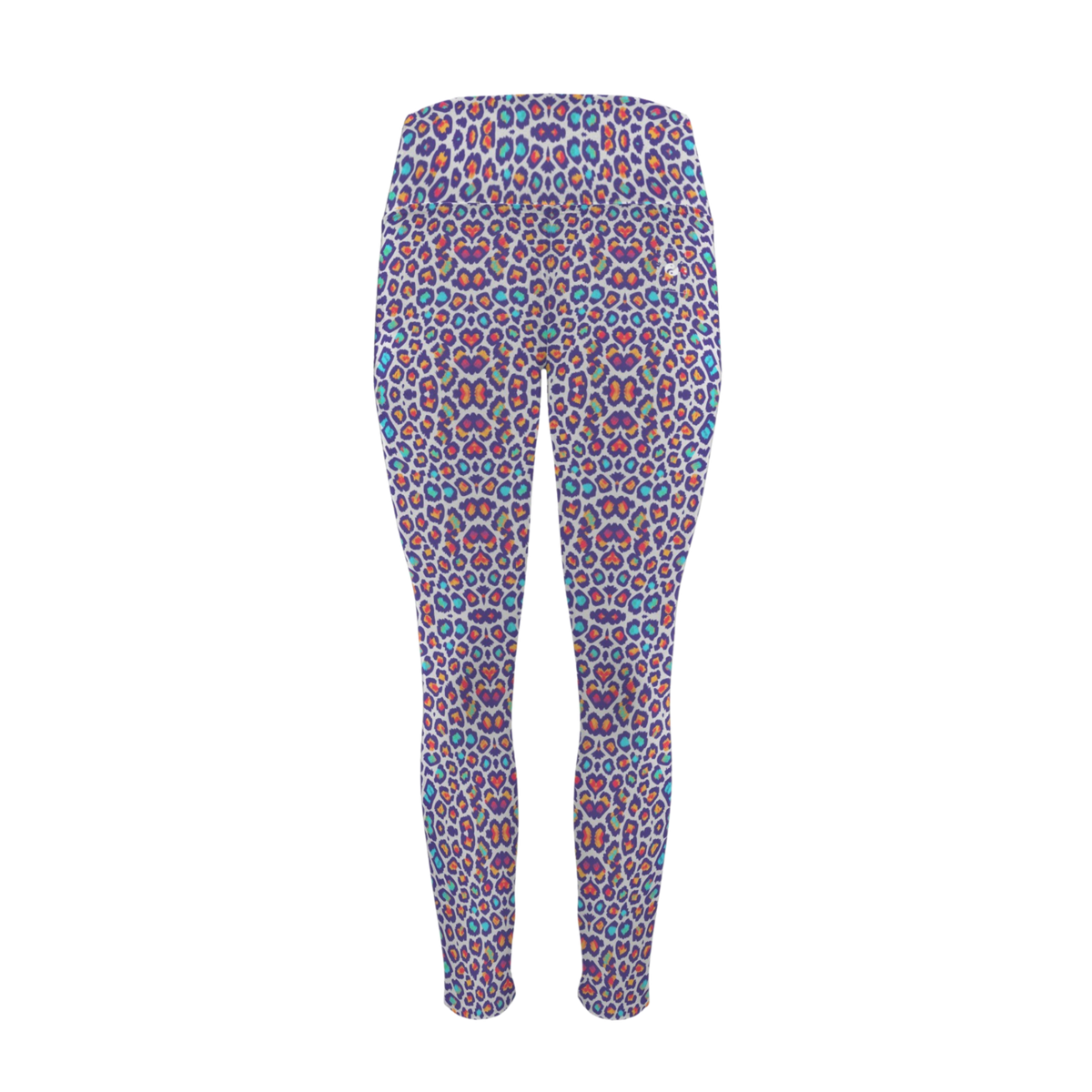 Colorful high-rise pocket leggings featuring a vibrant leopard print in pink, blue, and purple tones.