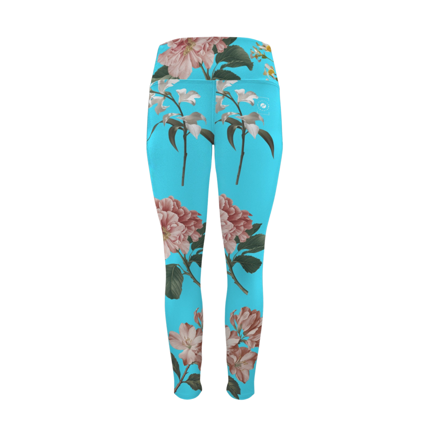 Botanicals iSquared Pocket Leggings in vibrant turquoise feature a floral print with peonies and lilies, designed for active wear.