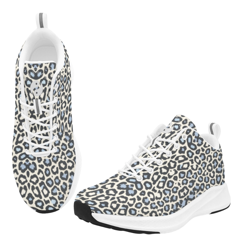 Wild Leopards iSquared Women Runners in a white and blue leopard print, featuring a lace-up design and sturdy rubber sole.