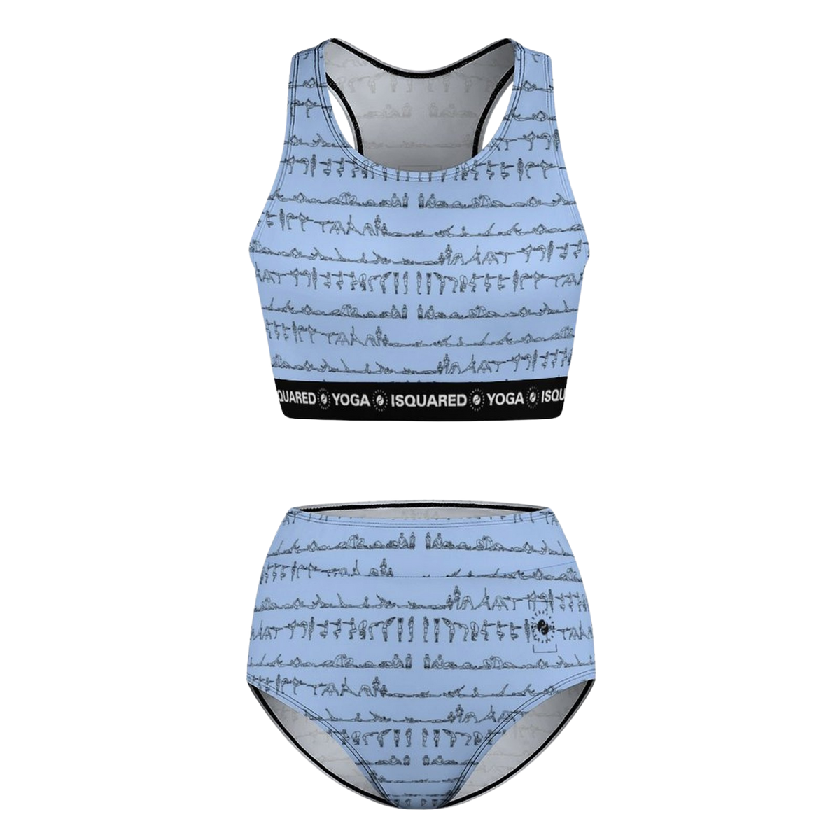 Bikram Pastel hot yoga bikini set in serene blue with a yoga pose pattern, featuring a racerback crop top and high-waisted bottoms.