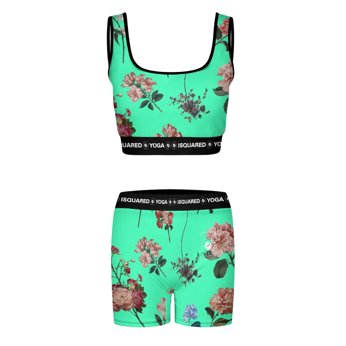 Vibrant turquoise iSquared Yoga Set featuring a floral pattern with roses and leaves, includes a matching crop top and shorts.