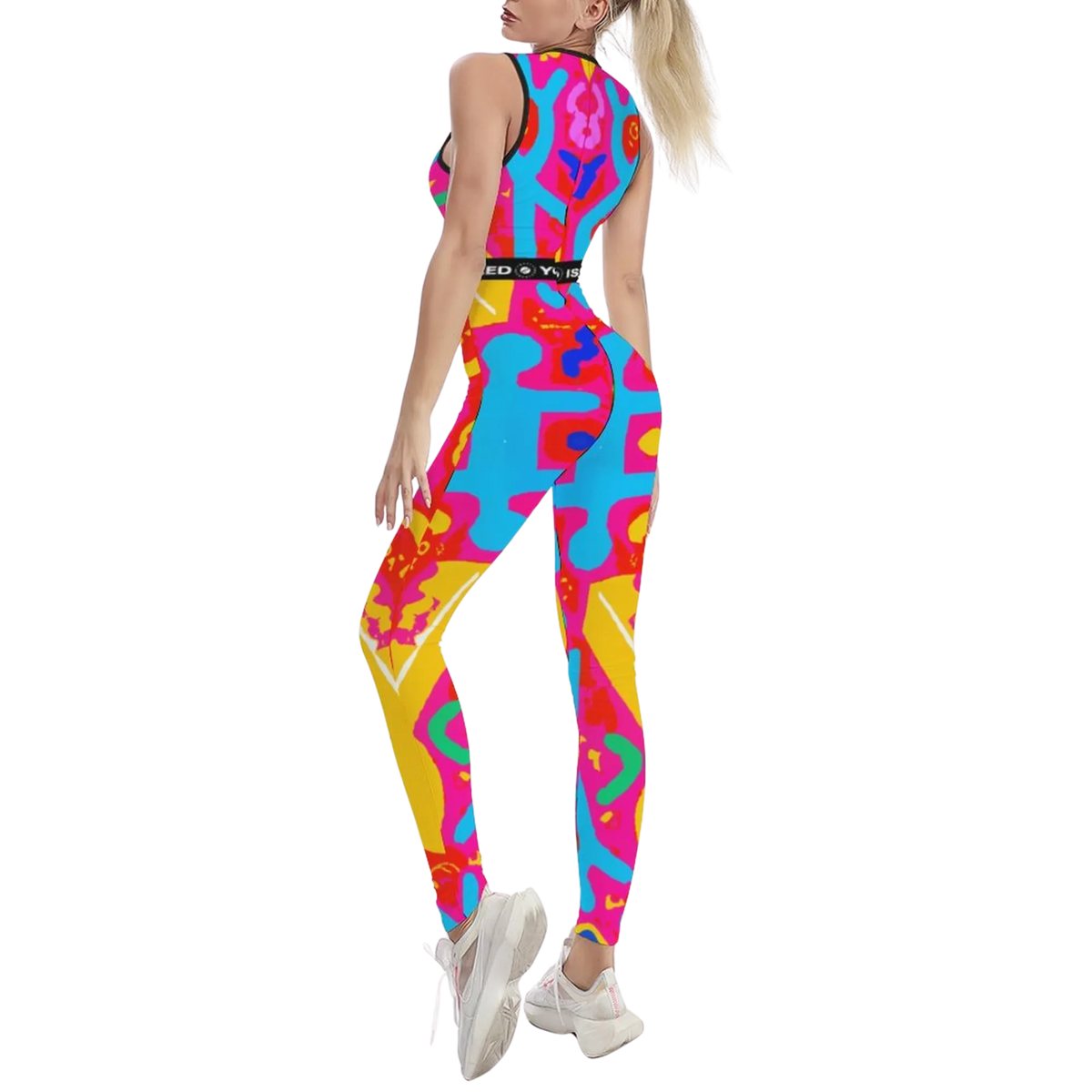 Colorful sleeveless jumpsuit with a vibrant abstract pattern, featuring a body-hugging fit and stylish cut.