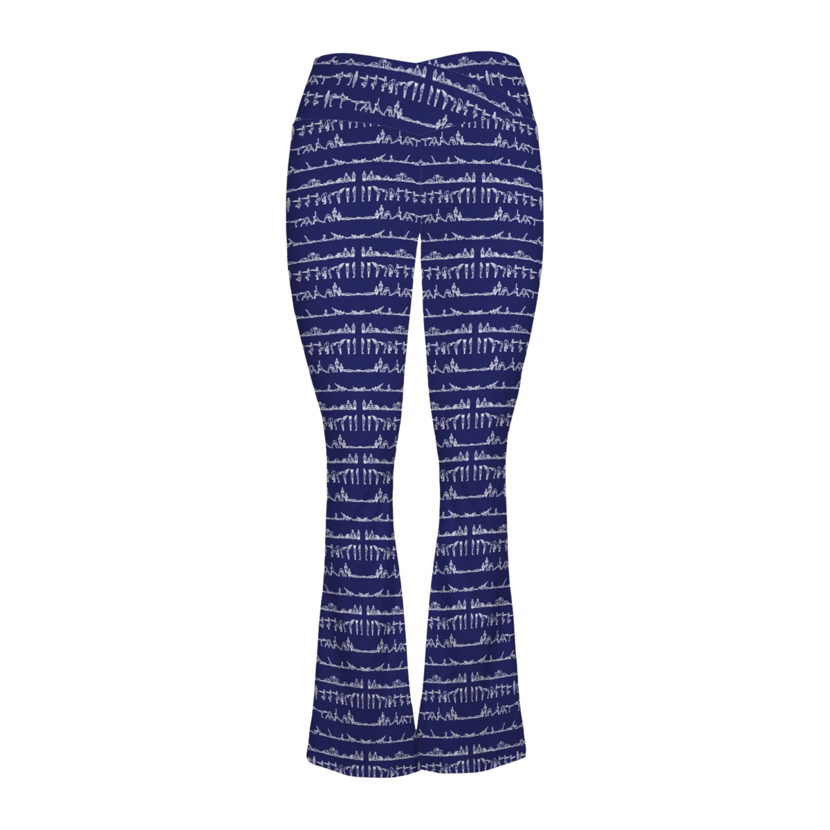 Navy blue cross-waisted flare leggings with white yoga poses pattern, offering a flattering fit and lightweight feel.